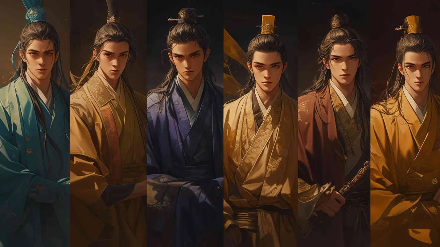 A handsome man with black hair and a handsome face, dressed in a blue robe, a handsome man with black hair and a handsome face, dressed in a red robe, a handsome man with black hair and a handsome face, dressed in a purple robe, a handsome man with black hair and a handsome face, dressed in a green robe, a handsome man with black hair and a handsome face, dressed in a black robe, a handsome man with black hair and a handsome face, dressed in a white robe, a handsome man with black hair and a handsome face, dressed in a coffee robe, and seven beautiful men shoulder to shoulder. Standing shoulder to shoulder - style1部分