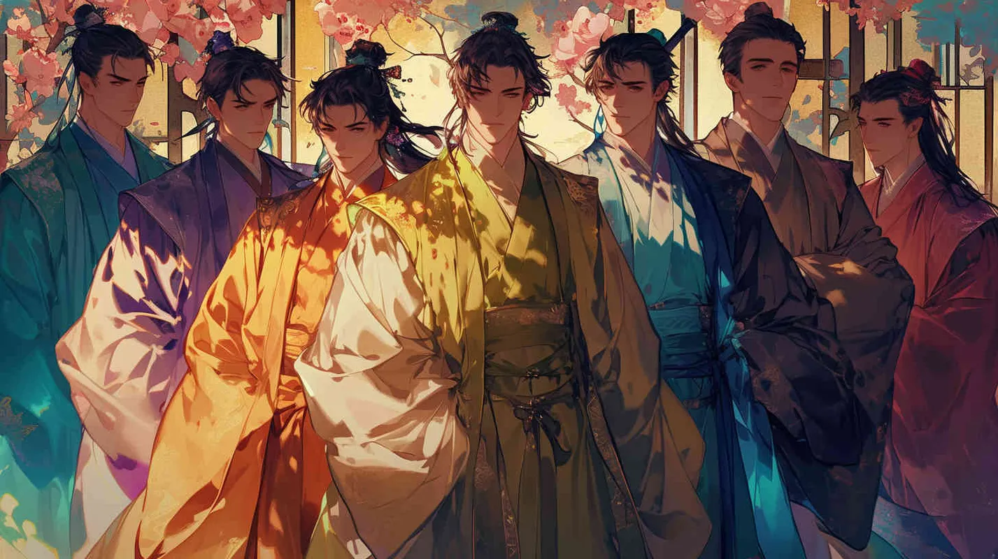 A handsome man with black hair and a handsome face, dressed in a blue robe, a handsome man with black hair and a handsome face, dressed in a red robe, a handsome man with black hair and a handsome face, dressed in a purple robe, a handsome man with black hair and a handsome face, dressed in a green robe, a handsome man with black hair and a handsome face, dressed in a black robe, a handsome man with black hair and a handsome face, dressed in a white robe, a handsome man with black hair and a handsome face, dressed in a coffee robe, and seven beautiful men shoulder to shoulder. Standing shoulder to shoulder - style2部分