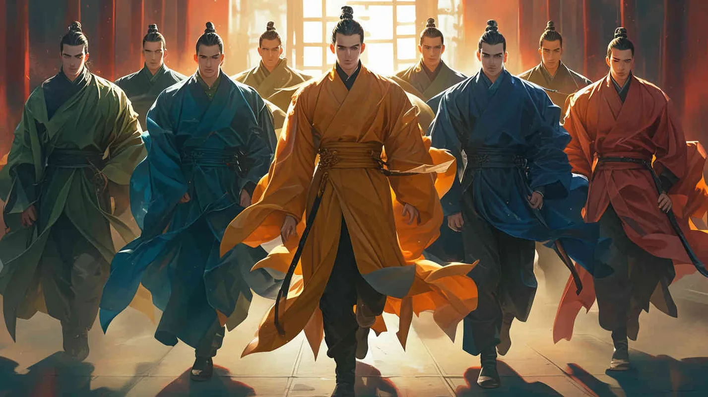 A handsome man with black hair and a handsome face, dressed in a blue robe, a handsome man with black hair and a handsome face, dressed in a red robe, a handsome man with black hair and a handsome face, dressed in a purple robe, a handsome man with black hair and a handsome face, dressed in a green robe, a handsome man with black hair and a handsome face, dressed in a black robe, a handsome man with black hair and a handsome face, dressed in a white robe, a handsome man with black hair and a handsome face, dressed in a coffee robe, and seven beautiful men shoulder to shoulder. Standing shoulder to shoulder - style3部分
