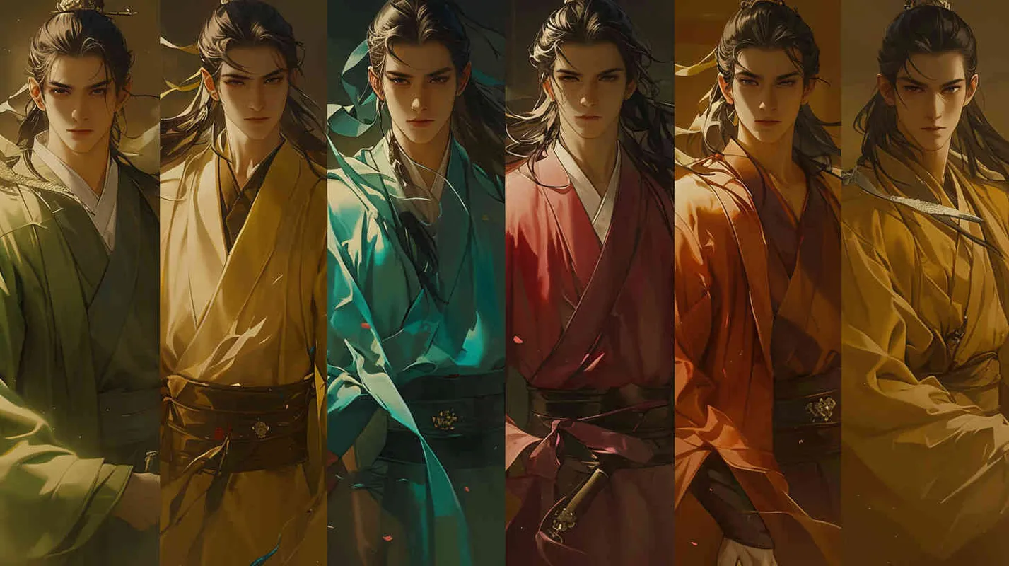 A handsome man with black hair and a handsome face, dressed in a blue robe, a handsome man with black hair and a handsome face, dressed in a red robe, a handsome man with black hair and a handsome face, dressed in a purple robe, a handsome man with black hair and a handsome face, dressed in a green robe, a handsome man with black hair and a handsome face, dressed in a black robe, a handsome man with black hair and a handsome face, dressed in a white robe, a handsome man with black hair and a handsome face, dressed in a coffee robe, and seven beautiful men shoulder to shoulder. Standing shoulder to shoulder - style4部分