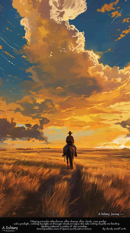 孤独的旅途 - 描绘一位旅者单独骑马在广阔的草原上行进，背景是远处黄昏下的黄云和渐渐沉沉的白日。 周围是无边的天地，旅者的孤独与旷远的天空形成鲜明对比，展现出行者的渺小和旅途的艰辛。 - style4部分