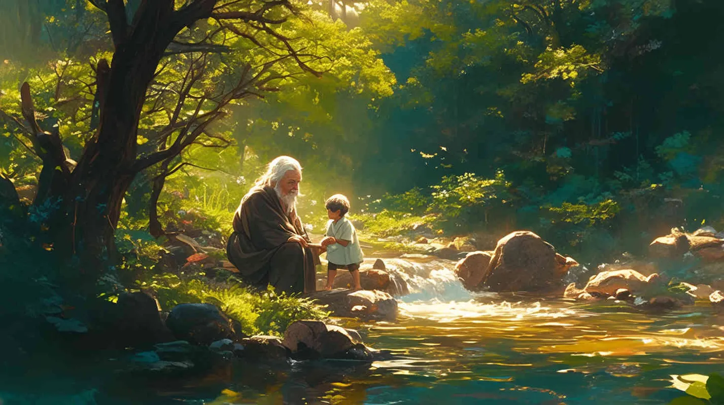 At the edge of a flowing stream, there was a white haired grandmother with gray hair tied in hairpins, wearing a gray robe. She sat in front of a stone, holding an iron rod in her hand and rolling it on it. In front of her stood a little boy in blue, handsome, looking into the grandmother's eyes - style1部分