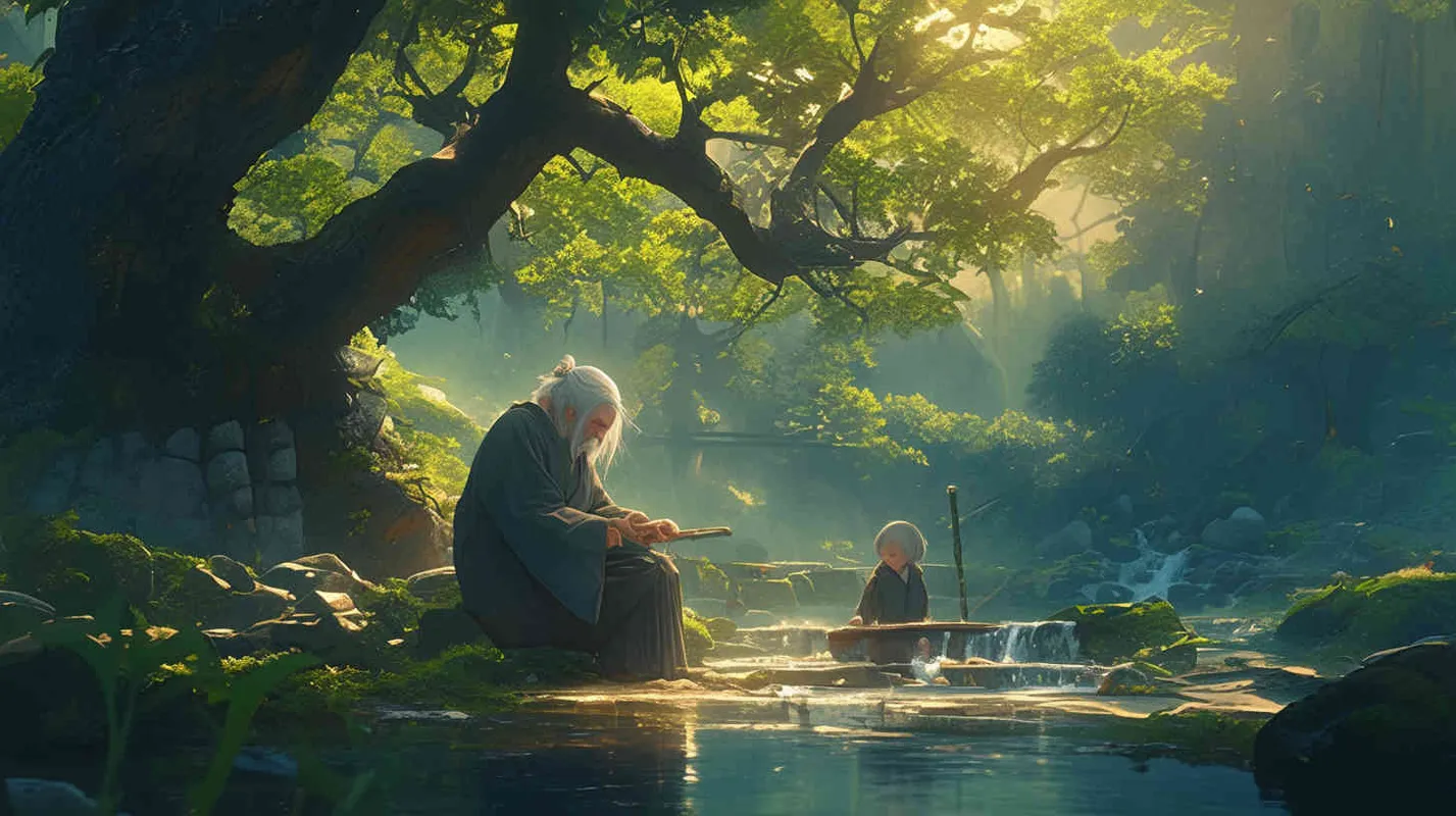 At the edge of a flowing stream, there was a white haired grandmother with gray hair tied in hairpins, wearing a gray robe. She sat in front of a stone, holding an iron rod in her hand and rolling it on it. In front of her stood a little boy in blue, handsome, looking into the grandmother's eyes - style2部分