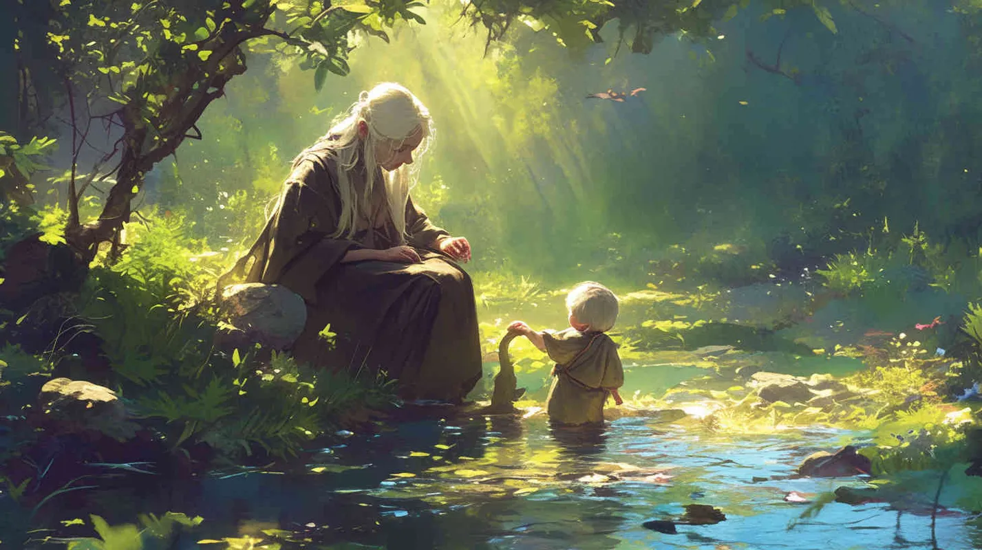 At the edge of a flowing stream, there was a white haired grandmother with gray hair tied in hairpins, wearing a gray robe. She sat in front of a stone, holding an iron rod in her hand and rolling it on it. In front of her stood a little boy in blue, handsome, looking into the grandmother's eyes - style3部分