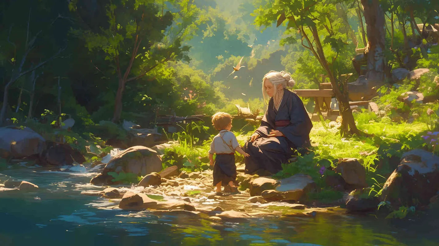 At the edge of a flowing stream, there was a white haired grandmother with gray hair tied in hairpins, wearing a gray robe. She sat in front of a stone, holding an iron rod in her hand and rolling it on it. In front of her stood a little boy in blue, handsome, looking into the grandmother's eyes - style4部分