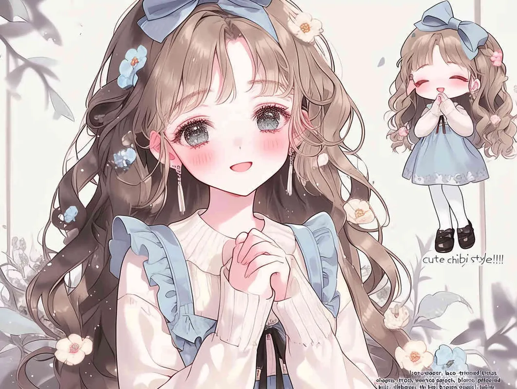 cute chibi style!!!girl, boy, sweater, lace-trimmed dress, white pantyhose, martin boots, ribbon, own hands clasped, yokozuwari, blurred background, the best quality, brown hair, drill hair, joyful, Elegant, watery eyes - style1部分