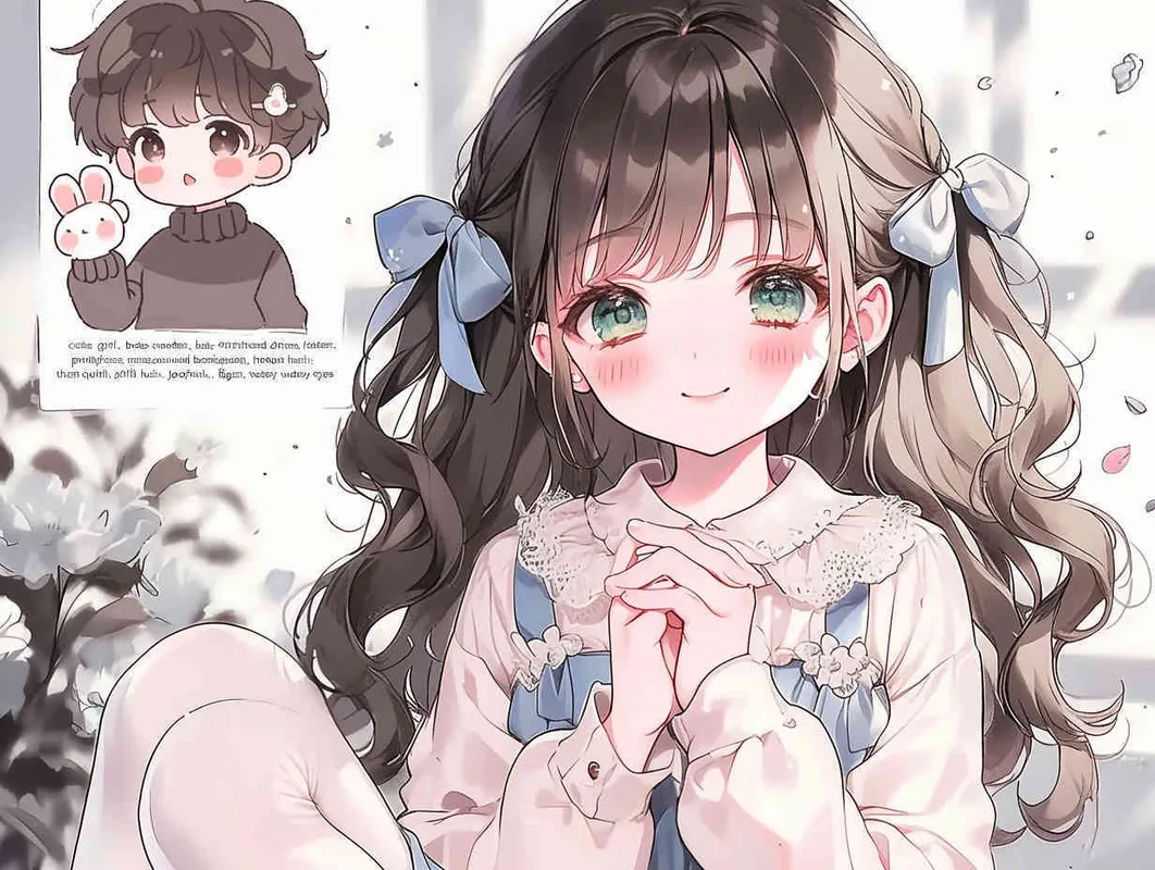 cute chibi style!!!girl, boy, sweater, lace-trimmed dress, white pantyhose, martin boots, ribbon, own hands clasped, yokozuwari, blurred background, the best quality, brown hair, drill hair, joyful, Elegant, watery eyes - style2部分