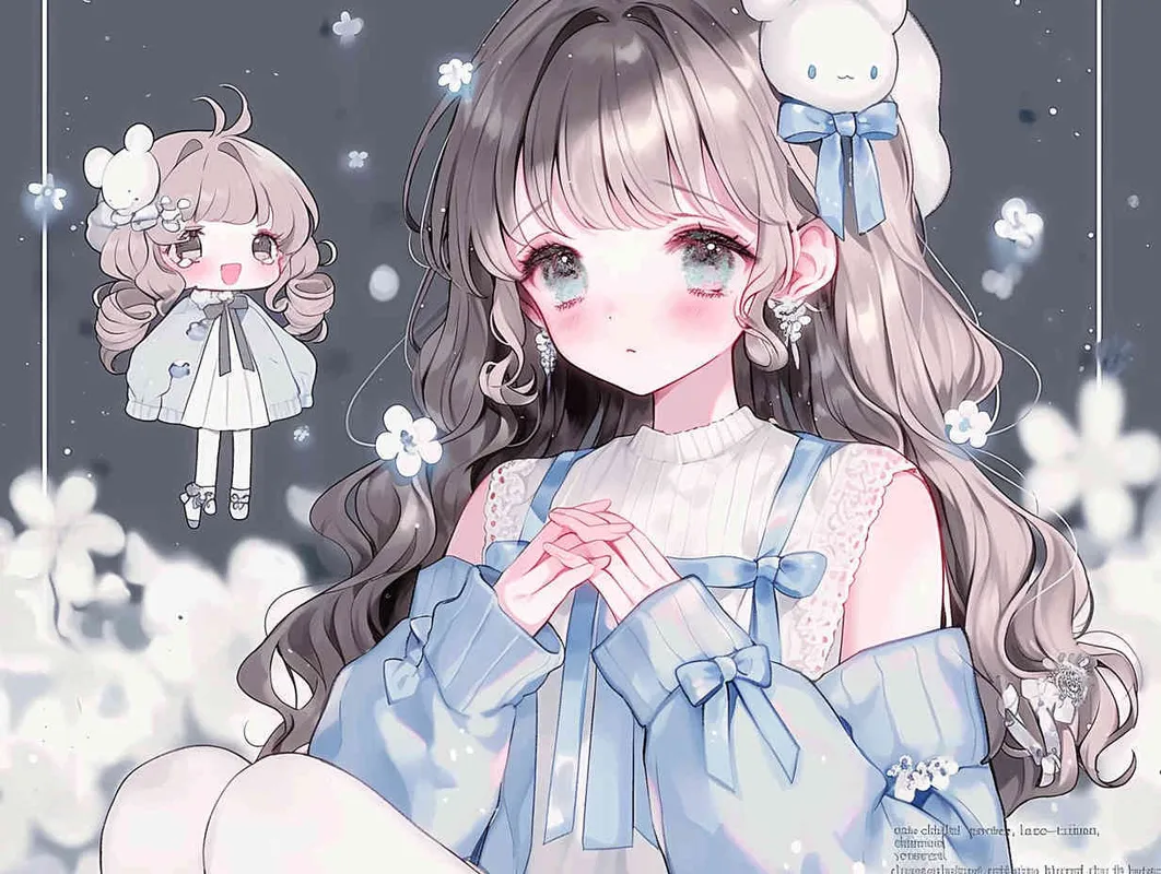 cute chibi style!!!girl, boy, sweater, lace-trimmed dress, white pantyhose, martin boots, ribbon, own hands clasped, yokozuwari, blurred background, the best quality, brown hair, drill hair, joyful, Elegant, watery eyes - style3部分