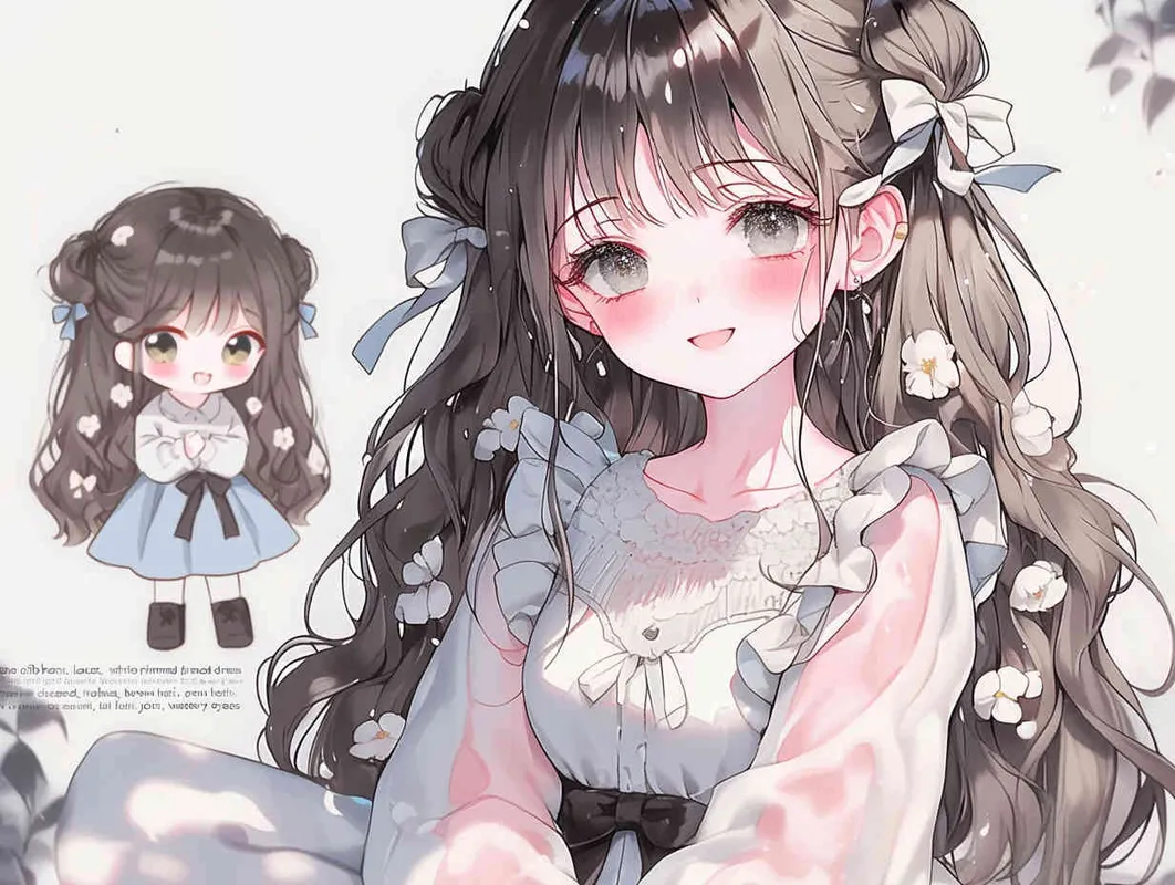 cute chibi style!!!girl, boy, sweater, lace-trimmed dress, white pantyhose, martin boots, ribbon, own hands clasped, yokozuwari, blurred background, the best quality, brown hair, drill hair, joyful, Elegant, watery eyes - style4部分