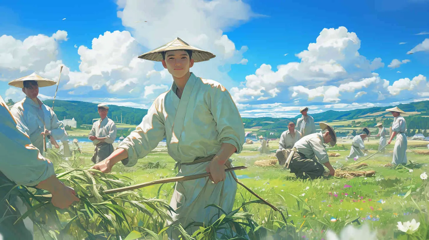 In the blue sky and white clouds, in the fields, a man wearing a white long sleeved ancient costume, with a handsome face and black long hair tied up, bent over to work in the fields. Behind him, there were more than ten people wearing gray clothes with patches on them, tied up black hair, and bent over to pull grass in the fields - style1部分