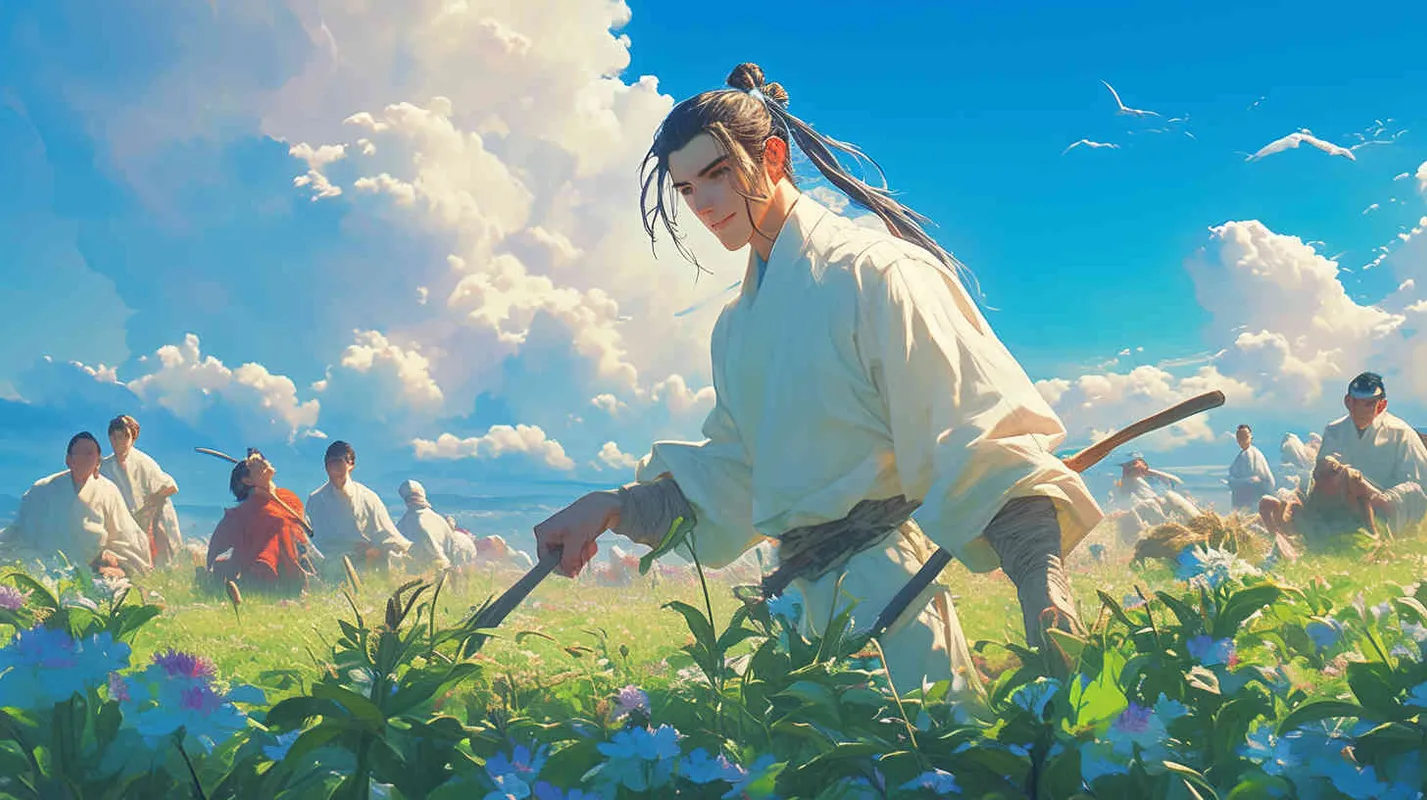 In the blue sky and white clouds, in the fields, a man wearing a white long sleeved ancient costume, with a handsome face and black long hair tied up, bent over to work in the fields. Behind him, there were more than ten people wearing gray clothes with patches on them, tied up black hair, and bent over to pull grass in the fields - style2部分