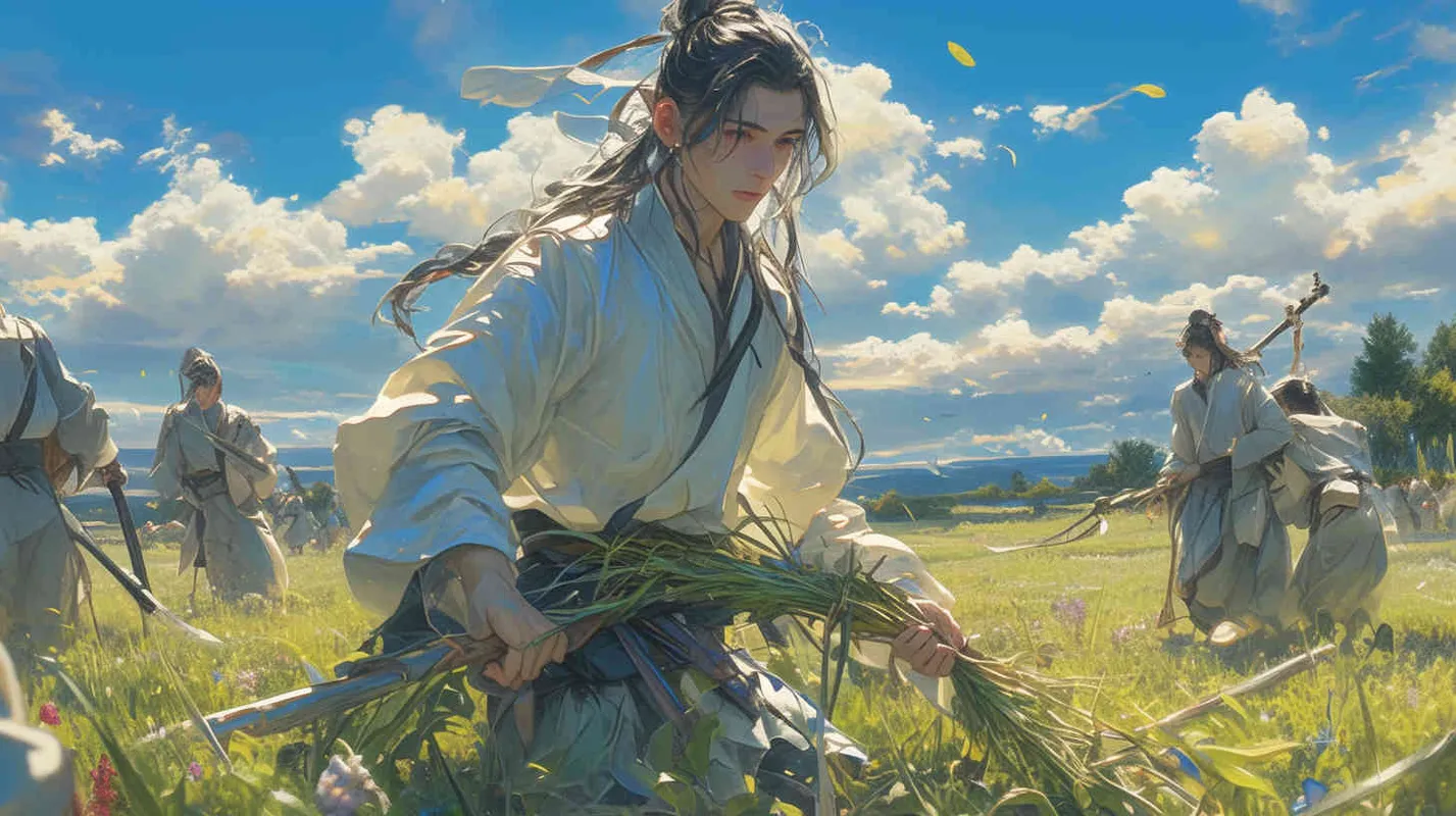 In the blue sky and white clouds, in the fields, a man wearing a white long sleeved ancient costume, with a handsome face and black long hair tied up, bent over to work in the fields. Behind him, there were more than ten people wearing gray clothes with patches on them, tied up black hair, and bent over to pull grass in the fields - style3部分