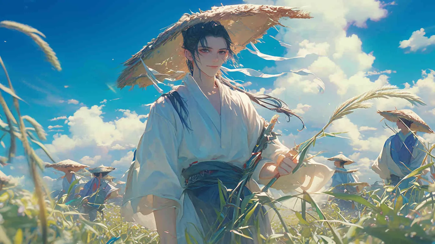 In the blue sky and white clouds, in the fields, a man wearing a white long sleeved ancient costume, with a handsome face and black long hair tied up, bent over to work in the fields. Behind him, there were more than ten people wearing gray clothes with patches on them, tied up black hair, and bent over to pull grass in the fields - style4部分