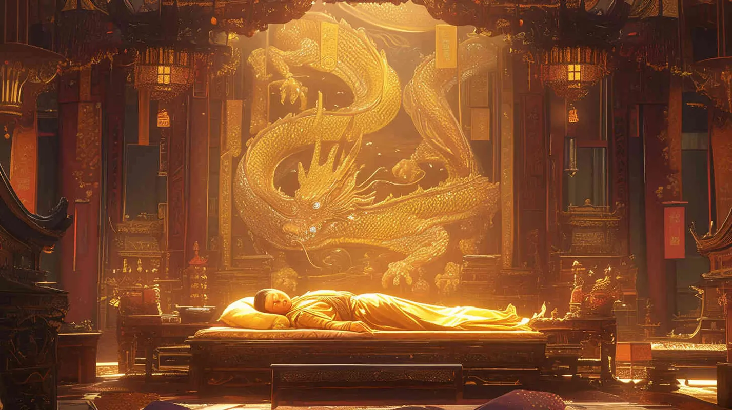 In the magnificent palace, an ancient man wearing a yellow dragon robe is sleeping on a dragon bed - style1部分