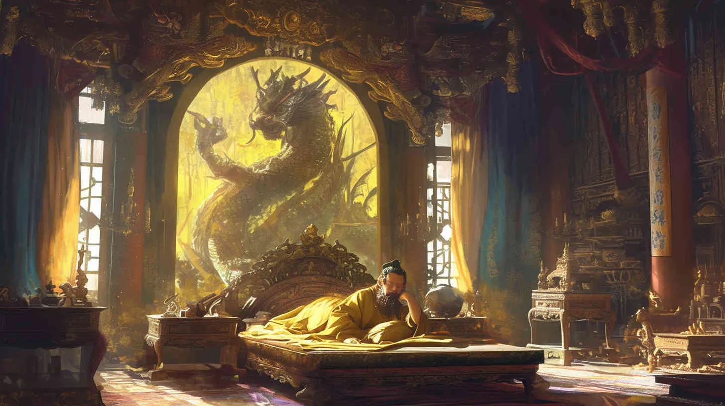 In the magnificent palace, an ancient man wearing a yellow dragon robe is sleeping on a dragon bed - style2部分