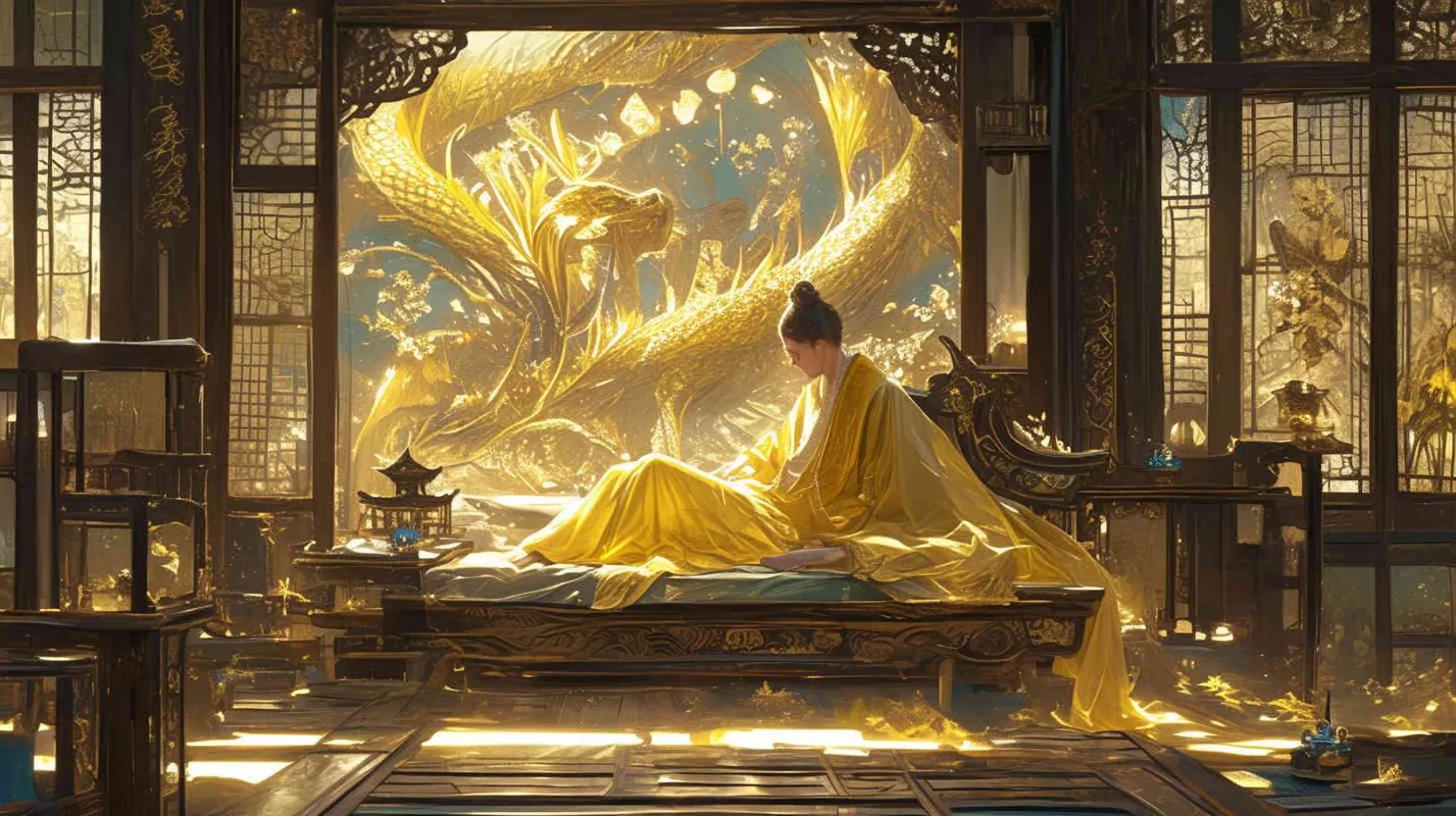 In the magnificent palace, an ancient man wearing a yellow dragon robe is sleeping on a dragon bed - style3部分