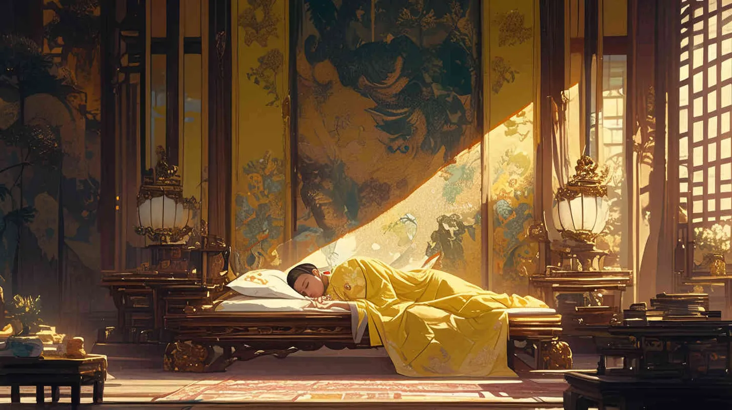 In the magnificent palace, an ancient man wearing a yellow dragon robe is sleeping on a dragon bed - style4部分