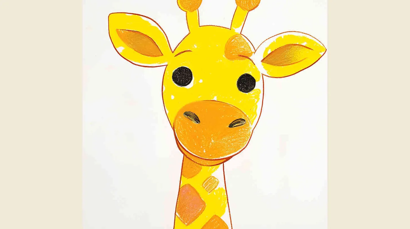 1️⃣ A simple drawing of a cute giraffe, drawn by hand with crayons on white paper for children's drawings, in the style of a cartoon. The colors should be bright yellow and brown, the lines clear and smooth, suitable for an early age child to color in. There is space around all sides so that it can fit within the frame. In front view, with a white background. --ar 62:83 - style1部分