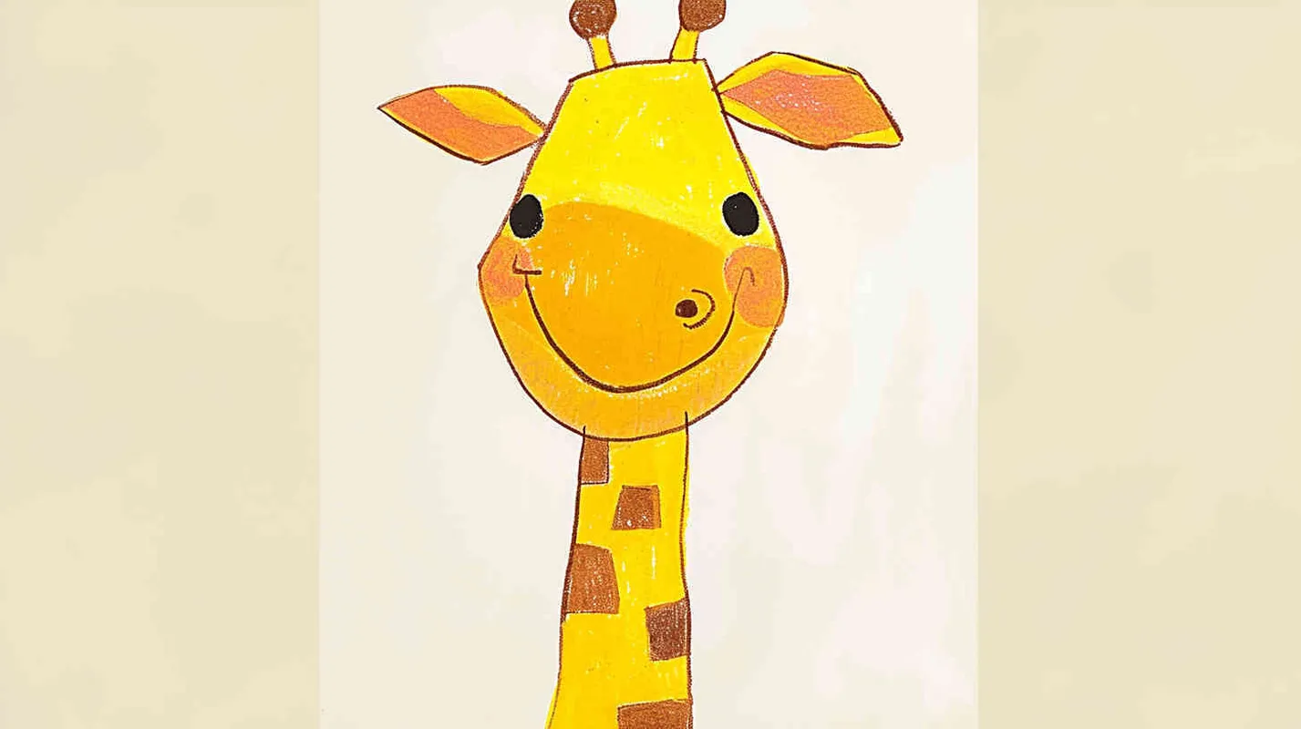 1️⃣ A simple drawing of a cute giraffe, drawn by hand with crayons on white paper for children's drawings, in the style of a cartoon. The colors should be bright yellow and brown, the lines clear and smooth, suitable for an early age child to color in. There is space around all sides so that it can fit within the frame. In front view, with a white background. --ar 62:83 - style2部分