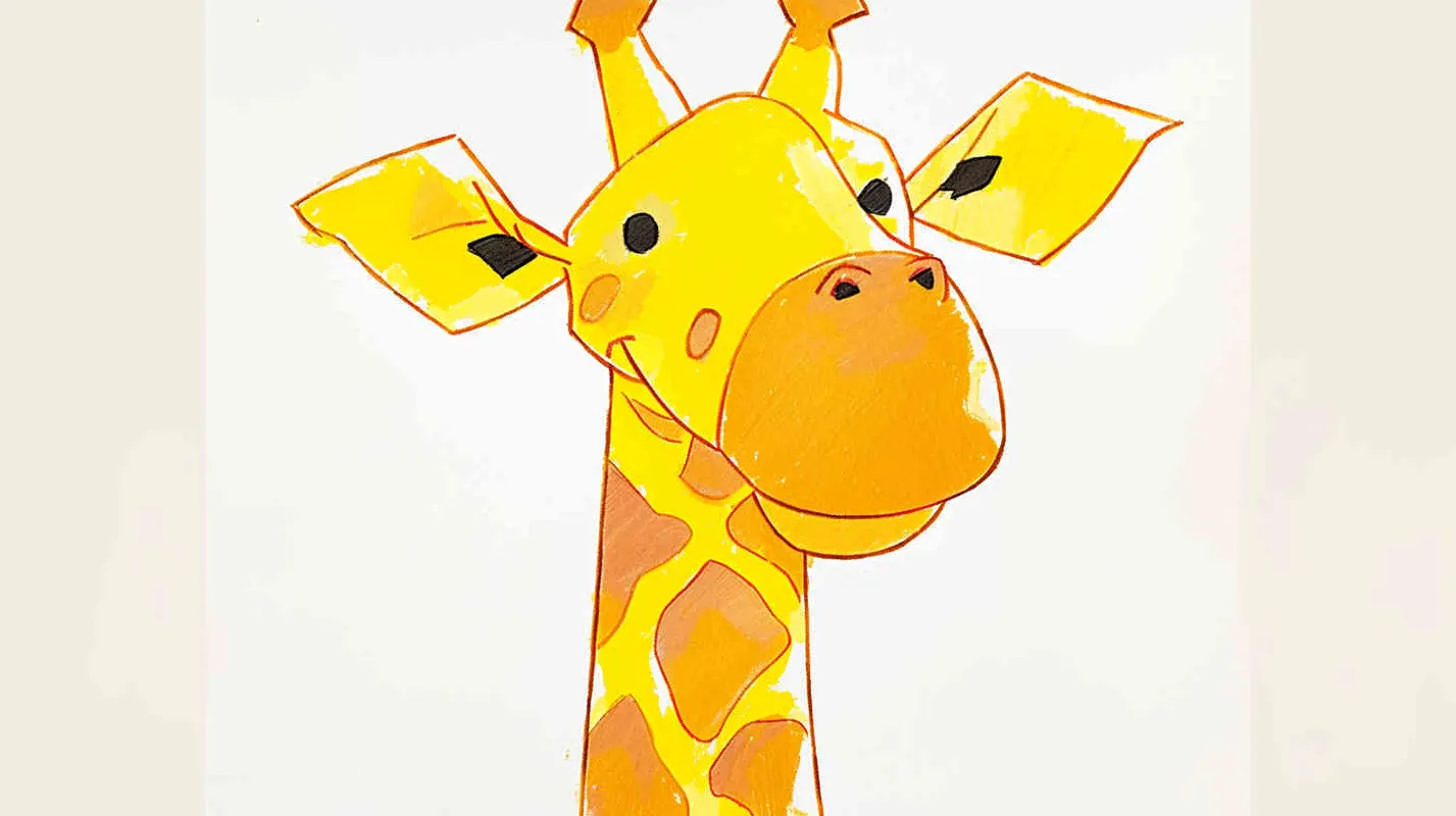 1️⃣ A simple drawing of a cute giraffe, drawn by hand with crayons on white paper for children's drawings, in the style of a cartoon. The colors should be bright yellow and brown, the lines clear and smooth, suitable for an early age child to color in. There is space around all sides so that it can fit within the frame. In front view, with a white background. --ar 62:83 - style3部分