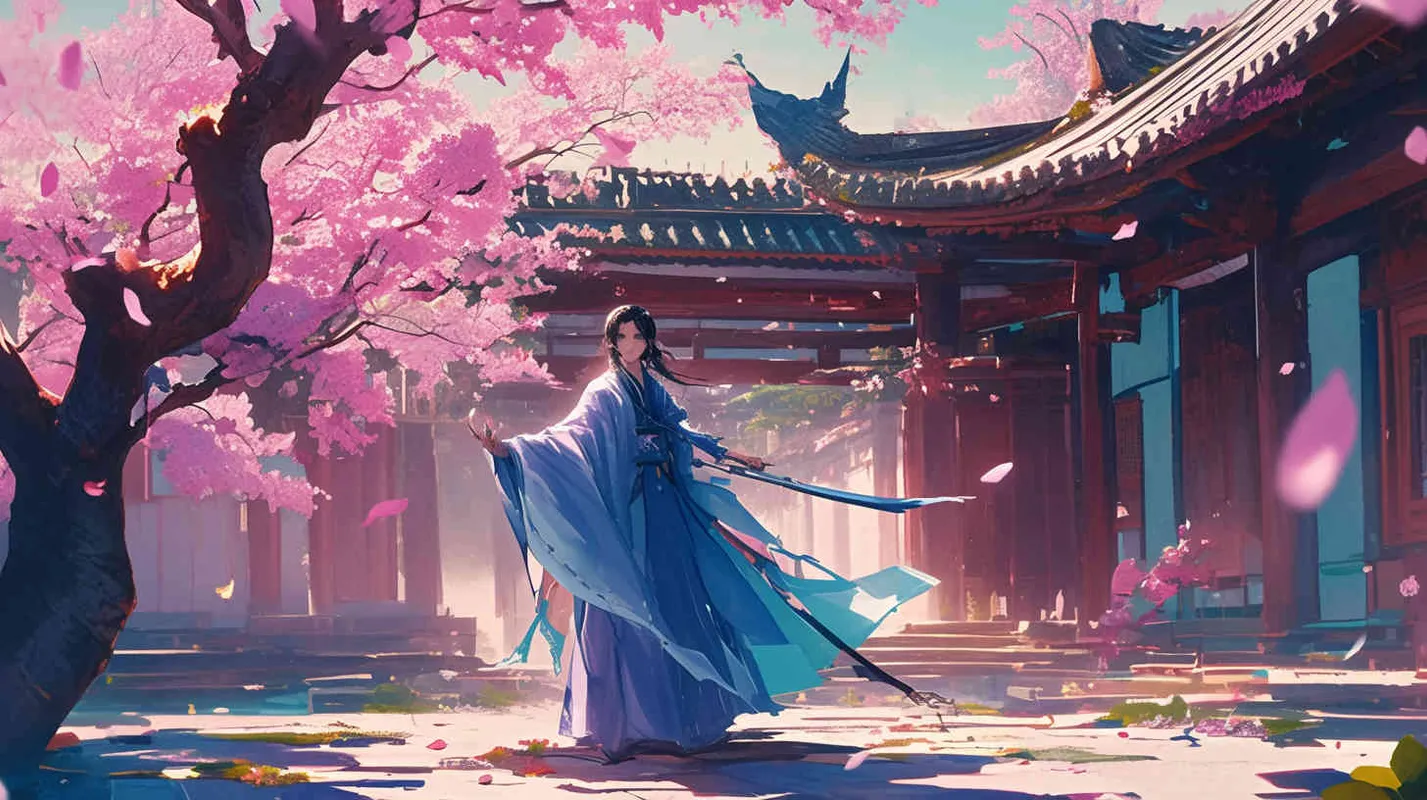 Under the blue sky and white clouds, in the courtyard of red bricks and green tiles, a handsome young hero dressed in a blue long robe with long black hair is wielding a long sword and dancing next to the blooming peach blossom tree – AI绘画作品展示 | Midjourney中文版生成