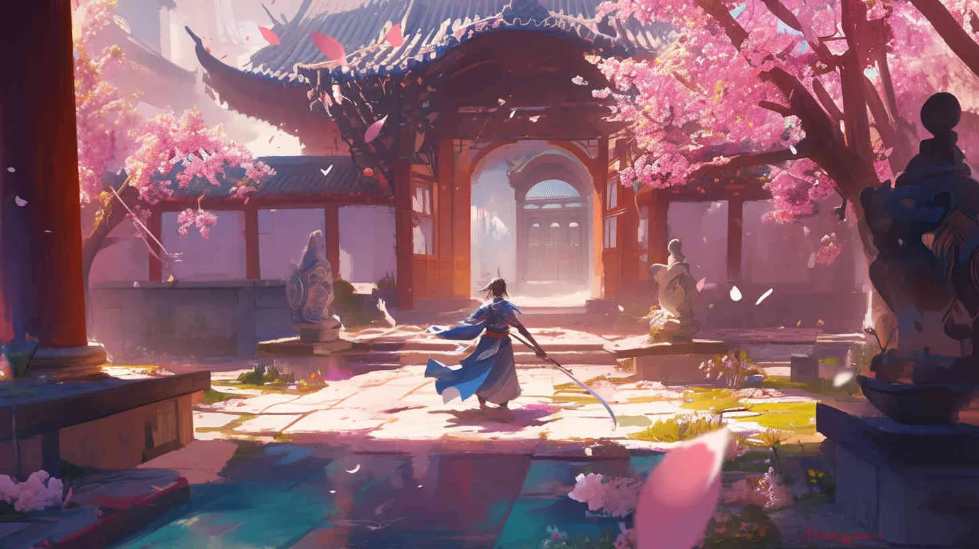 Under the blue sky and white clouds, in the courtyard of red bricks and green tiles, a handsome young hero dressed in a blue long robe with long black hair is wielding a long sword and dancing next to the blooming peach blossom tree - style2部分