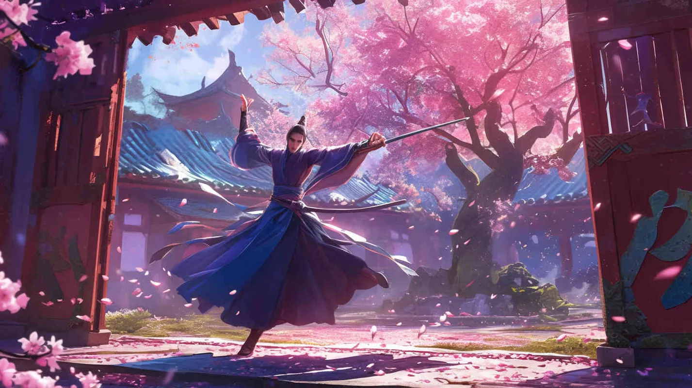 Under the blue sky and white clouds, in the courtyard of red bricks and green tiles, a handsome young hero dressed in a blue long robe with long black hair is wielding a long sword and dancing next to the blooming peach blossom tree - style3部分