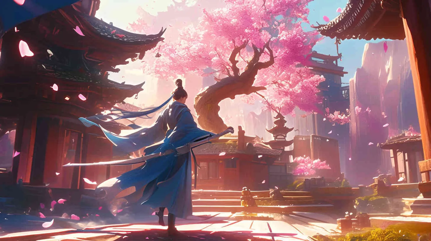 Under the blue sky and white clouds, in the courtyard of red bricks and green tiles, a handsome young hero dressed in a blue long robe with long black hair is wielding a long sword and dancing next to the blooming peach blossom tree - style4部分