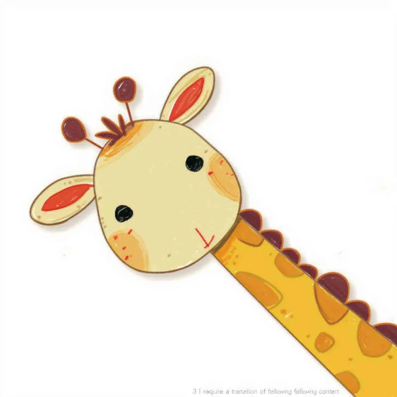 3️⃣ A cute cartoon giraffe head sticker, white background, flat illustration style, simple lines and shapes, children's book illustrations, soft colors, hand drawn doodle style, vector design with high resolution. The cute yellow baby animal is peeking out of the frame from its long neck. It has big eyes that sparkle in black eyelashes, small ears that have orange fur on them, a red line across its nose and mouth, and a brown body with a short tail hanging down behind him. in the style of [Richard Scarry](https://goo.gl/search?artist%20Richard%20Scarry). --ar 15:13 - style1部分