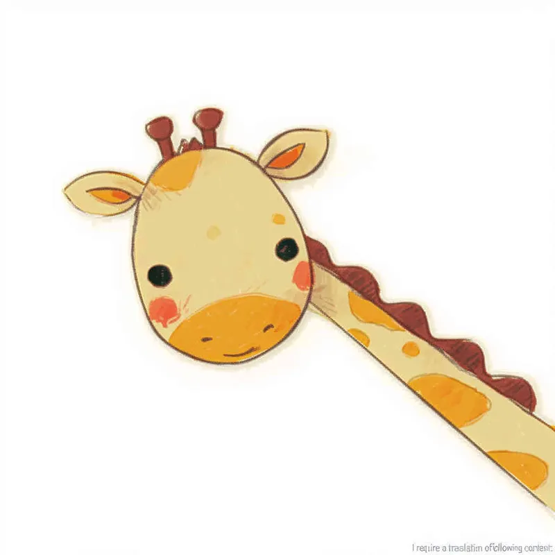 3️⃣ A cute cartoon giraffe head sticker, white background, flat illustration style, simple lines and shapes, children's book illustrations, soft colors, hand drawn doodle style, vector design with high resolution. The cute yellow baby animal is peeking out of the frame from its long neck. It has big eyes that sparkle in black eyelashes, small ears that have orange fur on them, a red line across its nose and mouth, and a brown body with a short tail hanging down behind him. in the style of [Richard Scarry](https://goo.gl/search?artist%20Richard%20Scarry). --ar 15:13 - style2部分