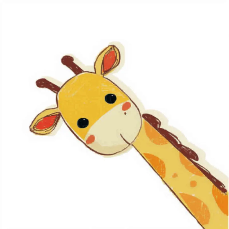  A cute cartoon giraffe head sticker, white background, flat illustration style, simple lines and shapes, children's book illustrations, soft colors, hand drawn doodle style, vector design with high resolution. The cute yellow baby animal is peeking out of the frame from its long neck. It has big eyes that sparkle in black eyelashes, small ears that have orange fur on them, a red line across its nose and mouth, and a brown body with a short tail hanging down behind him. in the style of [Richard Scarry](https://goo.gl/search?artist%20Richard%20Scarry) - style1部分