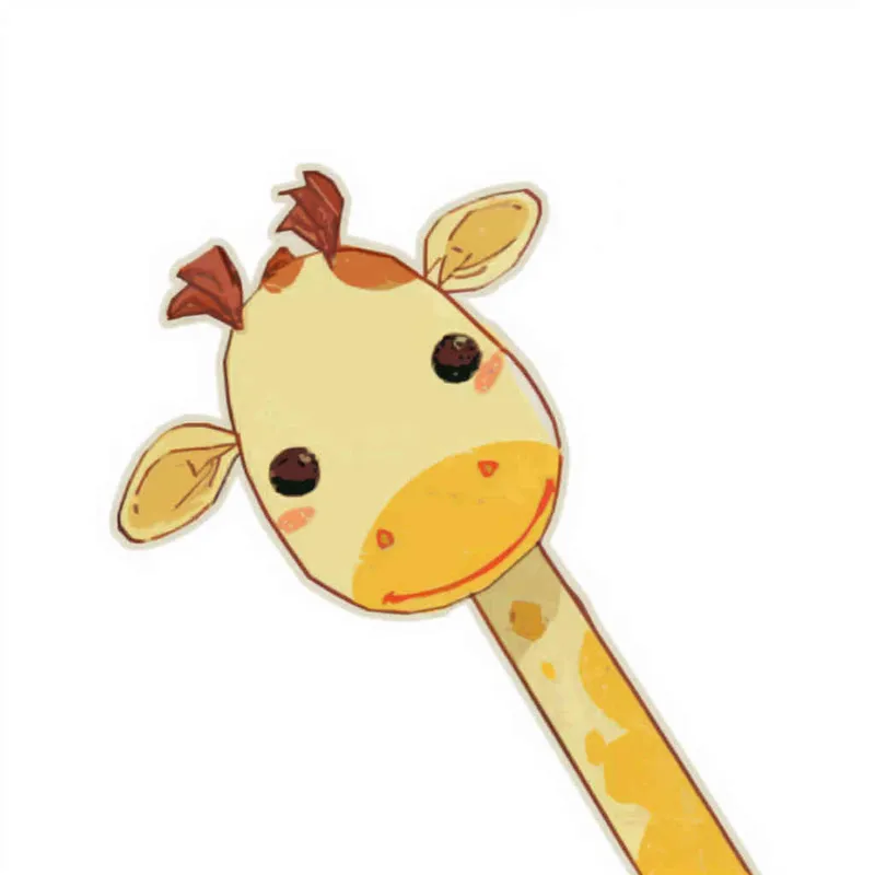  A cute cartoon giraffe head sticker, white background, flat illustration style, simple lines and shapes, children's book illustrations, soft colors, hand drawn doodle style, vector design with high resolution. The cute yellow baby animal is peeking out of the frame from its long neck. It has big eyes that sparkle in black eyelashes, small ears that have orange fur on them, a red line across its nose and mouth, and a brown body with a short tail hanging down behind him. in the style of [Richard Scarry](https://goo.gl/search?artist%20Richard%20Scarry) - style3部分
