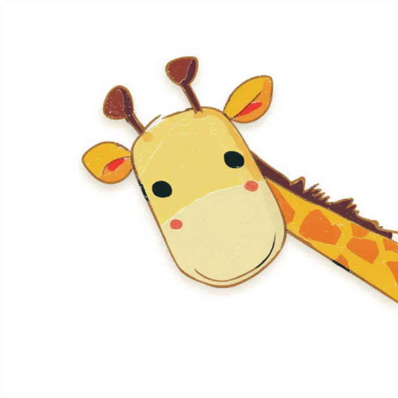  A cute cartoon giraffe head sticker, white background, flat illustration style, simple lines and shapes, children's book illustrations, soft colors, hand drawn doodle style, vector design with high resolution. The cute yellow baby animal is peeking out of the frame from its long neck. It has big eyes that sparkle in black eyelashes, small ears that have orange fur on them, a red line across its nose and mouth, and a brown body with a short tail hanging down behind him. in the style of [Richard Scarry](https://goo.gl/search?artist%20Richard%20Scarry) - style4部分