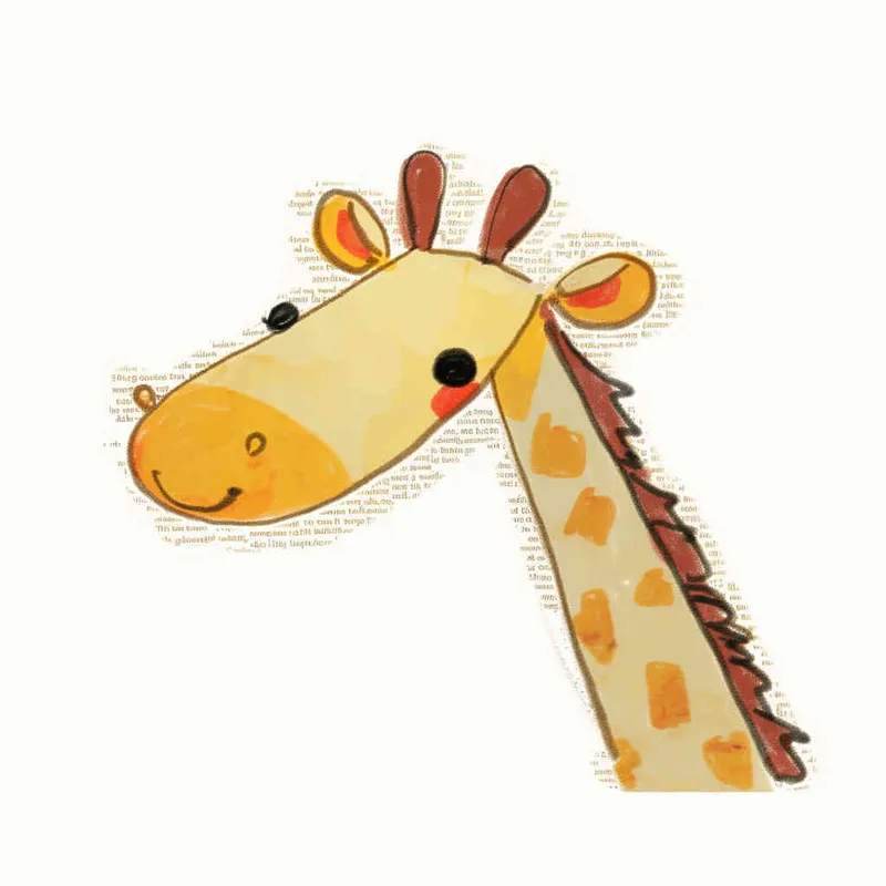 A cute cartoon giraffe head sticker, white background, flat illustration style, simple lines and shapes, children's book illustrations, soft colors, hand drawn doodle style, vector design with high resolution. The cute yellow baby animal is peeking out of the frame from its long neck. It has big eyes that sparkle in black eyelashes, small ears that have orange fur on them, a red line across its nose and mouth, and a brown body with a short tail hanging down behind him. in the style of [Richard Scarry](https://goo.gl/search?artist%20Richard%20Scarry)  - style1部分