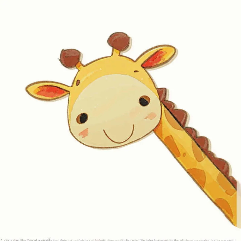 A cute cartoon giraffe head sticker, white background, flat illustration style, simple lines and shapes, children's book illustrations, soft colors, hand drawn doodle style, vector design with high resolution. The cute yellow baby animal is peeking out of the frame from its long neck. It has big eyes that sparkle in black eyelashes, small ears that have orange fur on them, a red line across its nose and mouth, and a brown body with a short tail hanging down behind him. in the style of [Richard Scarry](https://goo.gl/search?artist%20Richard%20Scarry)  - style2部分