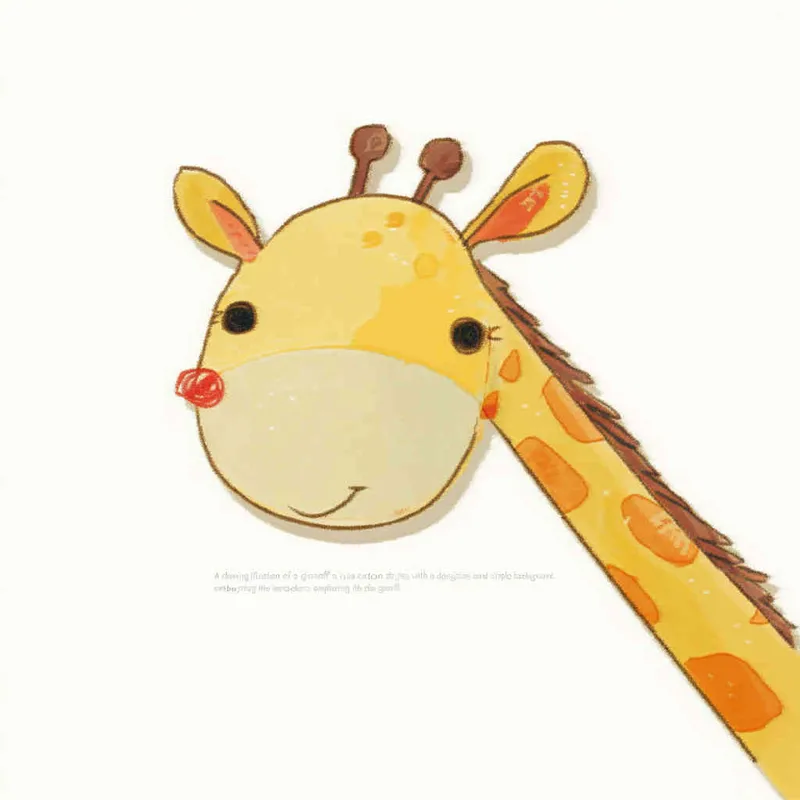 A cute cartoon giraffe head sticker, white background, flat illustration style, simple lines and shapes, children's book illustrations, soft colors, hand drawn doodle style, vector design with high resolution. The cute yellow baby animal is peeking out of the frame from its long neck. It has big eyes that sparkle in black eyelashes, small ears that have orange fur on them, a red line across its nose and mouth, and a brown body with a short tail hanging down behind him. in the style of [Richard Scarry](https://goo.gl/search?artist%20Richard%20Scarry)  - style3部分