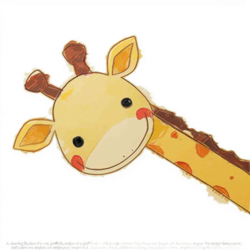 A cute cartoon giraffe head sticker, white background, flat illustration style, simple lines and shapes, children's book illustrations, soft colors, hand drawn doodle style, vector design with high resolution. The cute yellow baby animal is peeking out of the frame from its long neck. It has big eyes that sparkle in black eyelashes, small ears that have orange fur on them, a red line across its nose and mouth, and a brown body with a short tail hanging down behind him. in the style of [Richard Scarry](https://goo.gl/search?artist%20Richard%20Scarry)  - style4部分