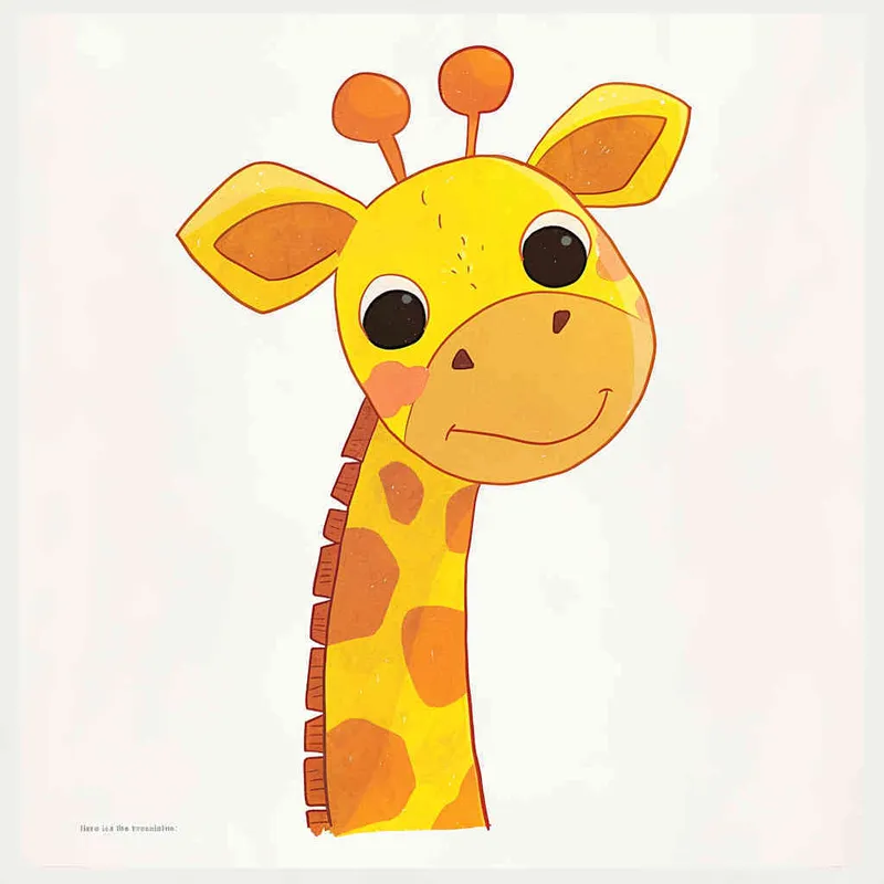 A charming illustration of a giraffe head, depicted in a cute cartoon style with a white background. The design features clean lines and simple shapes, embodying the essence of children's book illustrations. Soft colors are employed, emphasizing the gentle nature of the artwork. Created in a hand-drawn doodle style, this vector design boasts high resolution. Within the frame, a delightful yellow baby giraffe playfully peeks out from its long neck. Its eyes are large and shimmer with black eyelashes, while its small ears are adorned with orange fur. A red line traverses its nose and mouth, adding a touch of character. The giraffe's brown body is complemented by a short tail that hangs gracefully behind. Inspired by the artistic flair of Richard Scarry.