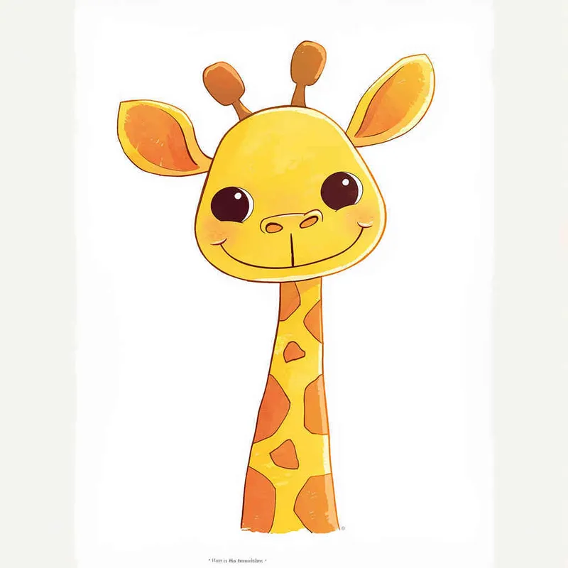 A charming illustration of a giraffe head, depicted in a cute cartoon style with a white background. The design features clean lines and simple shapes, embodying the essence of children's book illustrations. Soft colors are employed, emphasizing the gentle nature of the artwork. Created in a hand-drawn doodle style, this vector design boasts high resolution. Within the frame, a delightful yellow baby giraffe playfully peeks out from its long neck. Its eyes are large and shimmer with black eyelashes, while its small ears are adorned with orange fur. A red line traverses its nose and mouth, adding a touch of character. The giraffe's brown body is complemented by a short tail that hangs gracefully behind. Inspired by the artistic flair of Richard Scarry.