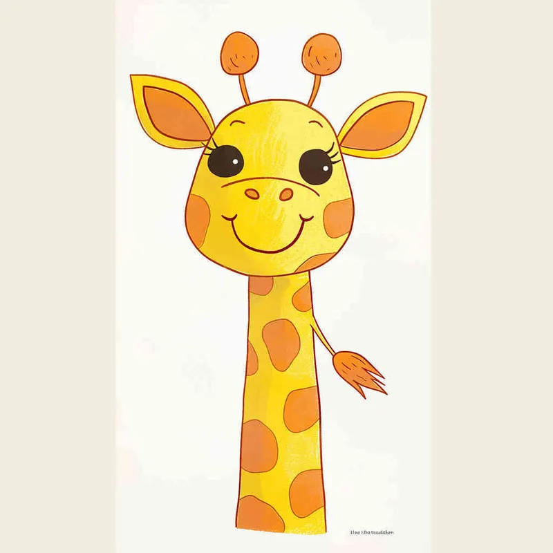 A charming illustration of a giraffe head, depicted in a cute cartoon style with a white background. The design features clean lines and simple shapes, embodying the essence of children's book illustrations. Soft colors are employed, emphasizing the gentle nature of the artwork. Created in a hand-drawn doodle style, this vector design boasts high resolution. Within the frame, a delightful yellow baby giraffe playfully peeks out from its long neck. Its eyes are large and shimmer with black eyelashes, while its small ears are adorned with orange fur. A red line traverses its nose and mouth, adding a touch of character. The giraffe's brown body is complemented by a short tail that hangs gracefully behind. Inspired by the artistic flair of Richard Scarry.