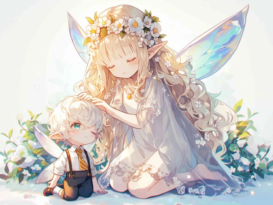 chibi anime style,Lovely Japanese manga style art, characterized by crisp brush strokes, depicts an adorable elf girl with golden hair. She is dressed in a silver veil skirt and adorned with transparent fairy wings. Crowned with a camellia flower wreath, she kneels on the ground, cradling a male doll dressed in a white suit and black suspenders. The background is minimalist yet dreamlike --iw 1.5 - style1部分