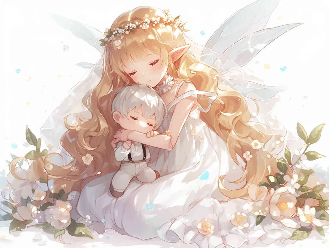 chibi anime style,Lovely Japanese manga style art, characterized by crisp brush strokes, depicts an adorable elf girl with golden hair. She is dressed in a silver veil skirt and adorned with transparent fairy wings. Crowned with a camellia flower wreath, she kneels on the ground, cradling a male doll dressed in a white suit and black suspenders. The background is minimalist yet dreamlike --iw 1.5 - style2部分