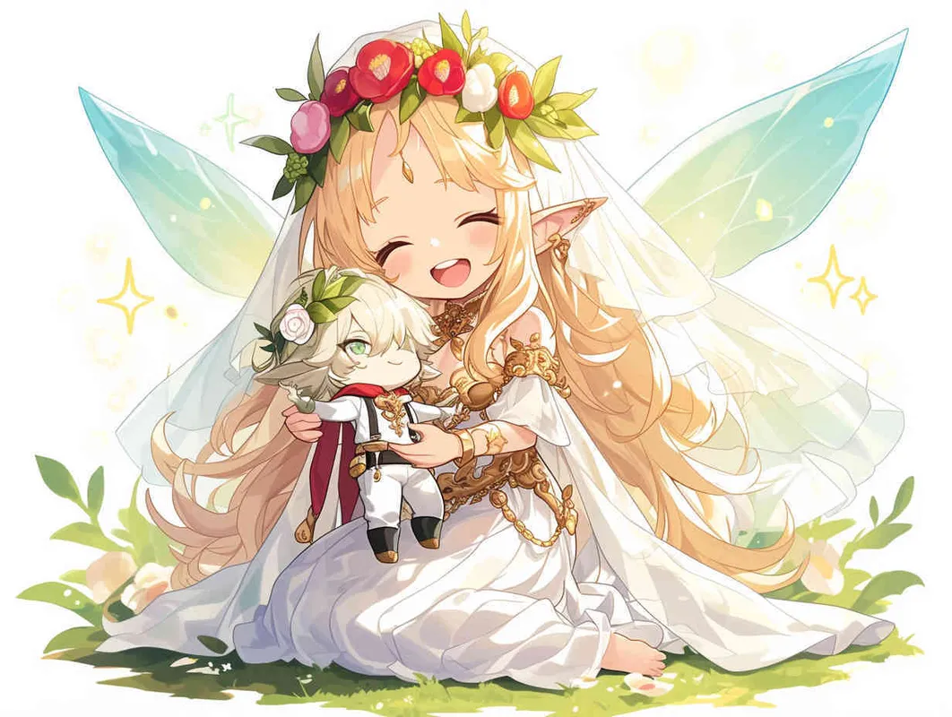 chibi anime style,Lovely Japanese manga style art, characterized by crisp brush strokes, depicts an adorable elf girl with golden hair. She is dressed in a silver veil skirt and adorned with transparent fairy wings. Crowned with a camellia flower wreath, she kneels on the ground, cradling a male doll dressed in a white suit and black suspenders. The background is minimalist yet dreamlike --iw 1.5 - style3部分