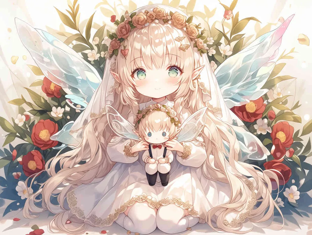 chibi anime style,Lovely Japanese manga style art, characterized by crisp brush strokes, depicts an adorable elf girl with golden hair. She is dressed in a silver veil skirt and adorned with transparent fairy wings. Crowned with a camellia flower wreath, she kneels on the ground, cradling a male doll dressed in a white suit and black suspenders. The background is minimalist yet dreamlike --iw 1.5 - style4部分