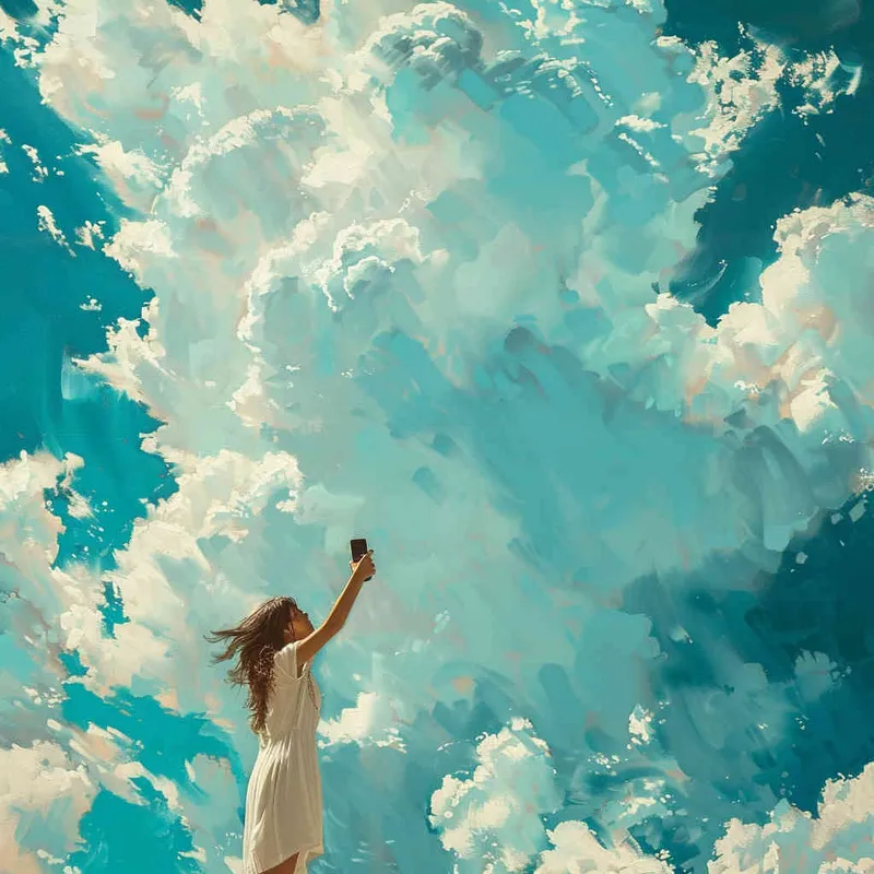In an instant, against the backdrop of the sky, a woman lifted her phone above her head to capture the moment, striking a pose reminiscent of a pilot giving a thumbs-up to the camera. The setting resembled a celestial seascape, with a breeze carrying the essence of blue skies, wispy clouds, and verdant trees. – AI绘画作品展示 | Midjourney中文版生成