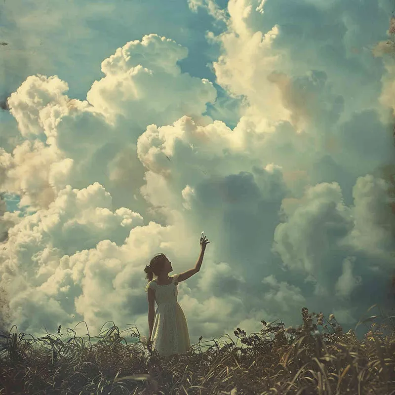 In an instant, against the backdrop of the sky, a woman lifted her phone above her head to capture the moment, striking a pose reminiscent of a pilot giving a thumbs-up to the camera. The setting resembled a celestial seascape, with a breeze carrying the essence of blue skies, wispy clouds, and verdant trees. - style2部分