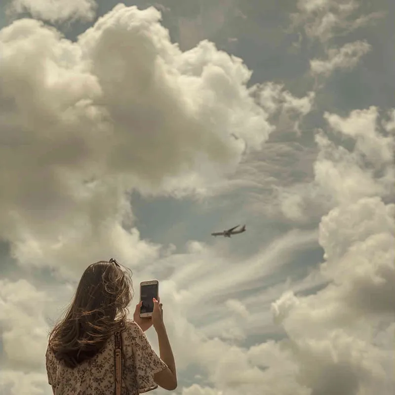 In an instant, against the backdrop of the sky, a woman lifted her phone above her head to capture the moment, striking a pose reminiscent of a pilot giving a thumbs-up to the camera. The setting resembled a celestial seascape, with a breeze carrying the essence of blue skies, wispy clouds, and verdant trees. - style3部分