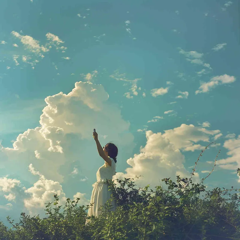 In an instant, against the backdrop of the sky, a woman lifted her phone above her head to capture the moment, striking a pose reminiscent of a pilot giving a thumbs-up to the camera. The setting resembled a celestial seascape, with a breeze carrying the essence of blue skies, wispy clouds, and verdant trees. - style4部分