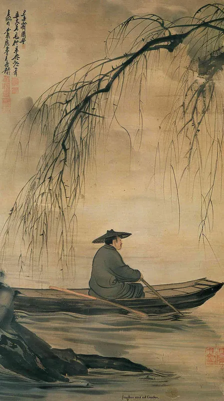 “京口瓜洲一水间”，画面渲染出瓜洲与京口之间的江景，诗人乘坐在小船中，远眺前方的瓜洲，波光粼粼的江水犹如一道道银练，两岸的柳梢轻轻摇曳。 - style2部分
