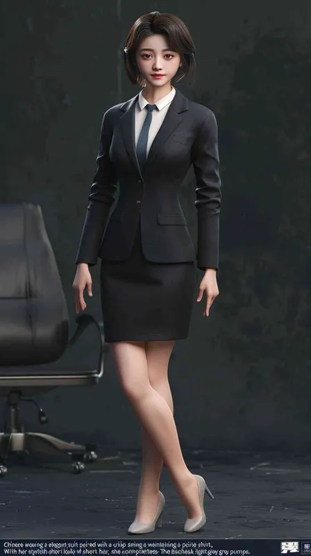 3D render of A Chinese woman in black skirt suit with white shirt, smiling and standing upright. She has short hair and is wearing light grey pumps on her feet. The background color should be dark gray to make the character stand out more clearly. Her hands have both been folded into fists at their sides. Rendered as full body shot with a front view perspective. - - style1部分